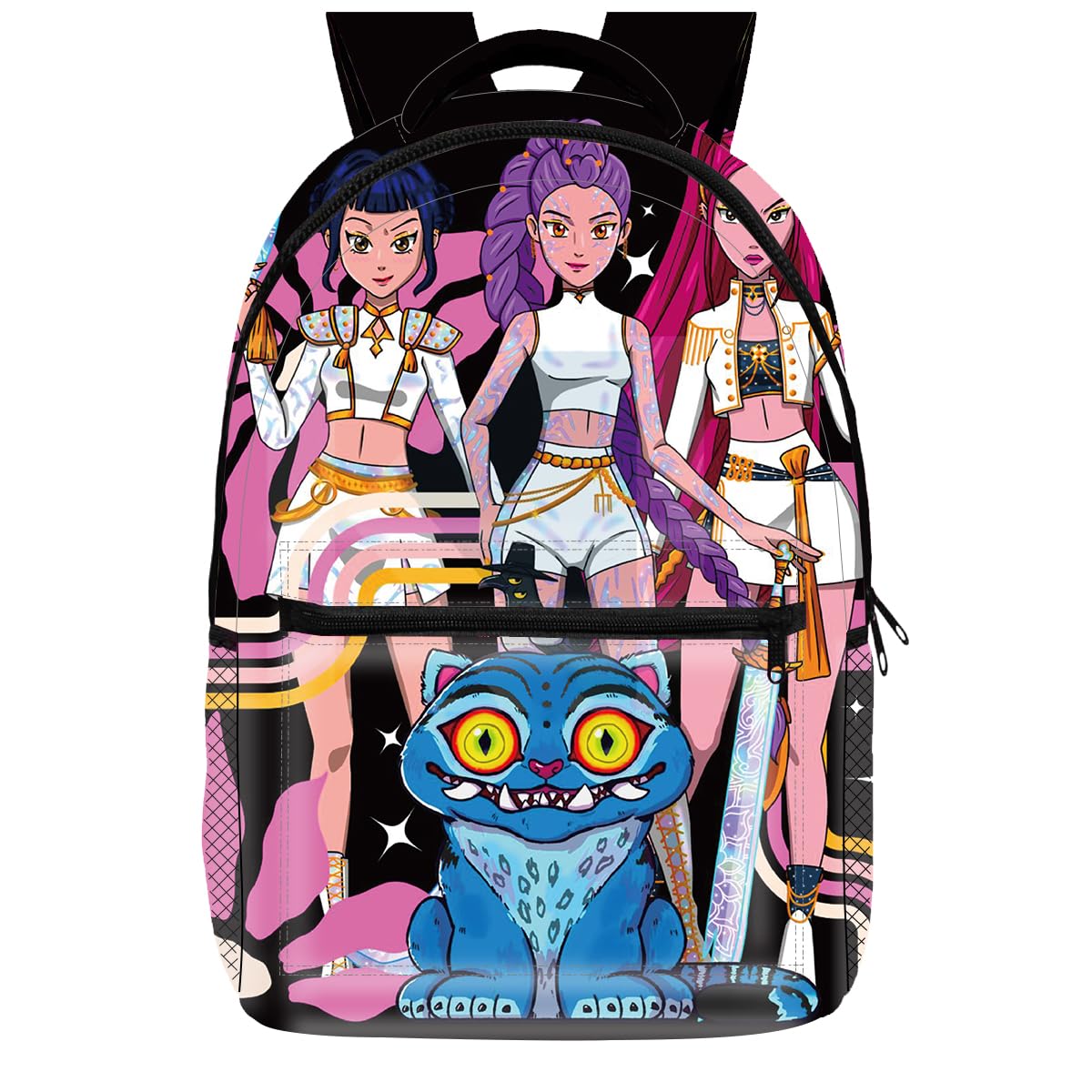 Demon Hunters - Zaino per la scuola per bambini, con stampa 3D, 41 x 30 x 14 cm (16"), stile carino, per adolescenti e bambini, per la scuola dei bambini, Nero , Mittelgroße