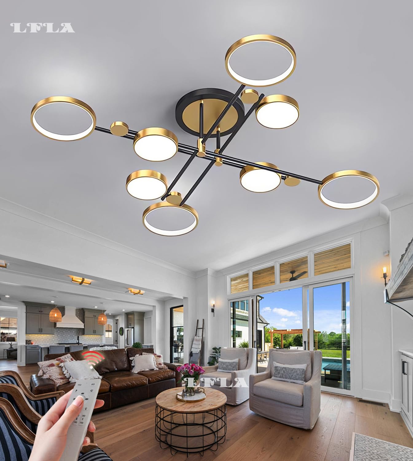 LFLA LED Ceiling Light Dimmable Large Living Room Light Fixture Ceiling Lamp Modern Black/Gold Metal Acrylic Rings Bedroom Lamp with Remote Control Dining Room LED Lighting (Gold, 8 Flame-126cm-96W) — image 1