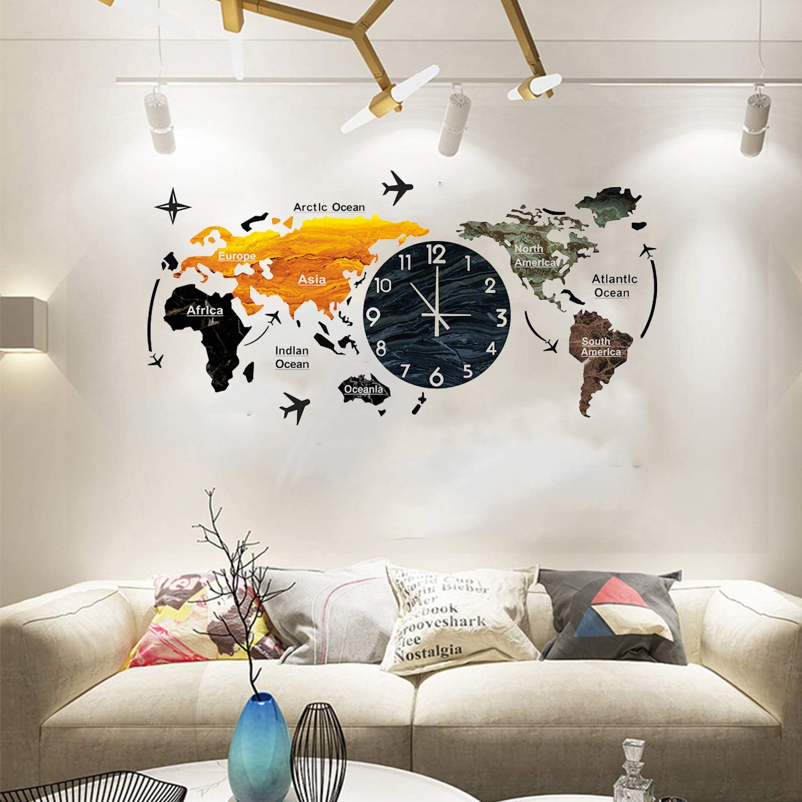 Amazon.co.jp: 世界地図壁掛け時計モダンなデザイン3Dステッカー吊り