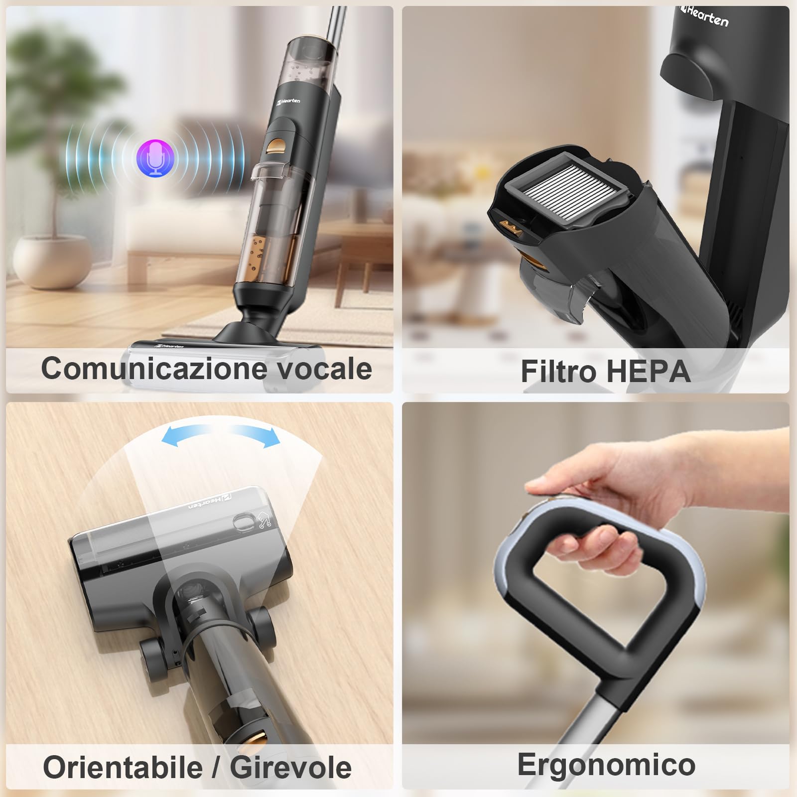 Hearten Lavapavimenti Senza Filo,Aspirapolvere Lavapavimenti Smart 3 in 1, Aspira e Lava, Auto-Pulente, Anti-Groviglio, Display LED – 0,7 mm, Regolazione Automatica, Per Peli Animali Scrubber