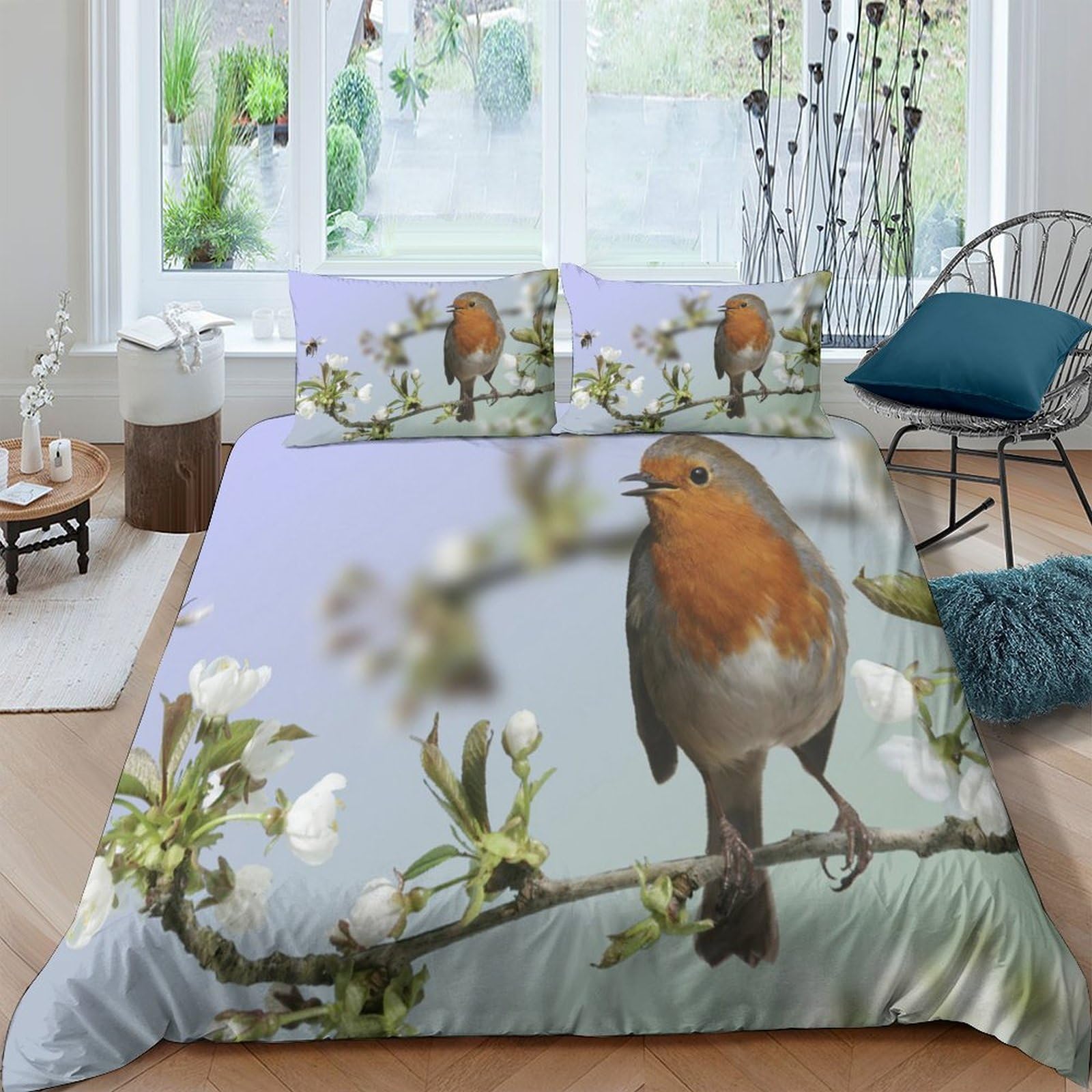 Ctjqhvkz Style-2 3D Printed Robin Bird Fitted Sheet Microfiber Soft Floral Branch Mattress Cover For Bedroom Guest Room Decor Single（135X200cm）
