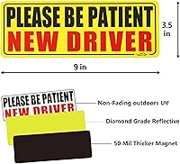 Vista 3 de JUSTTOP - Juego de 3 imanes para auto con frase “Please be patient”, advertencia de seguridad para conductor principiante, reflectante, calcomanía