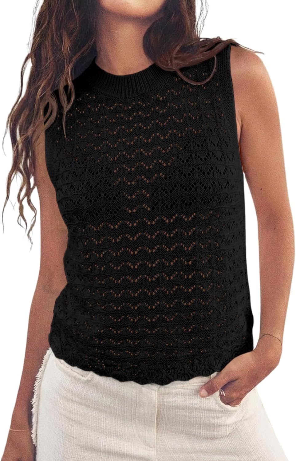 Fisoew Womens Summer Knit Sweater Vest Sleeveless Crochet Tank Tops Hollow Boho Beach Vacation Cover Ups Resort Wear 2026 Black