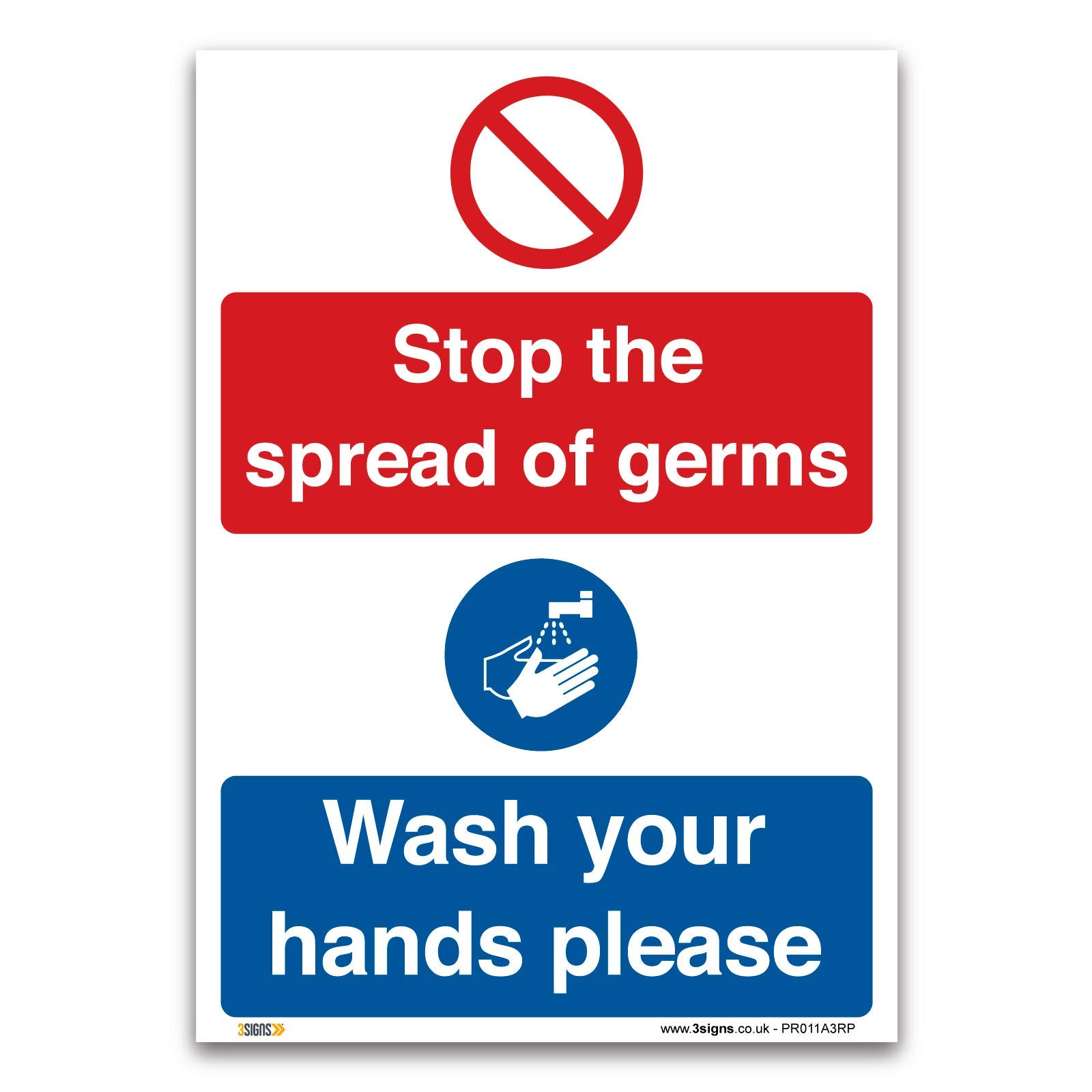Stop the spread of germs, wash your hands please - 1mm Rigid Plastic - Health and Safety Hygiene Prohibition Virus Risk (A3 420x297mm)