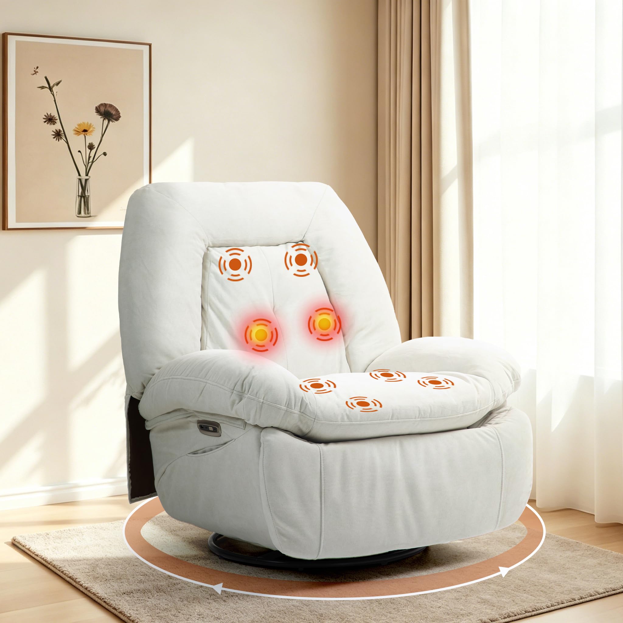 Sillón de Relax eléctrico de Masaje,calefacción, vibración, Masaje, sillón Giratorio, con Puertos Tipo C y USB, 1 Bolsillo Lateral, sillón reclinable para TV, salón (Blanco)