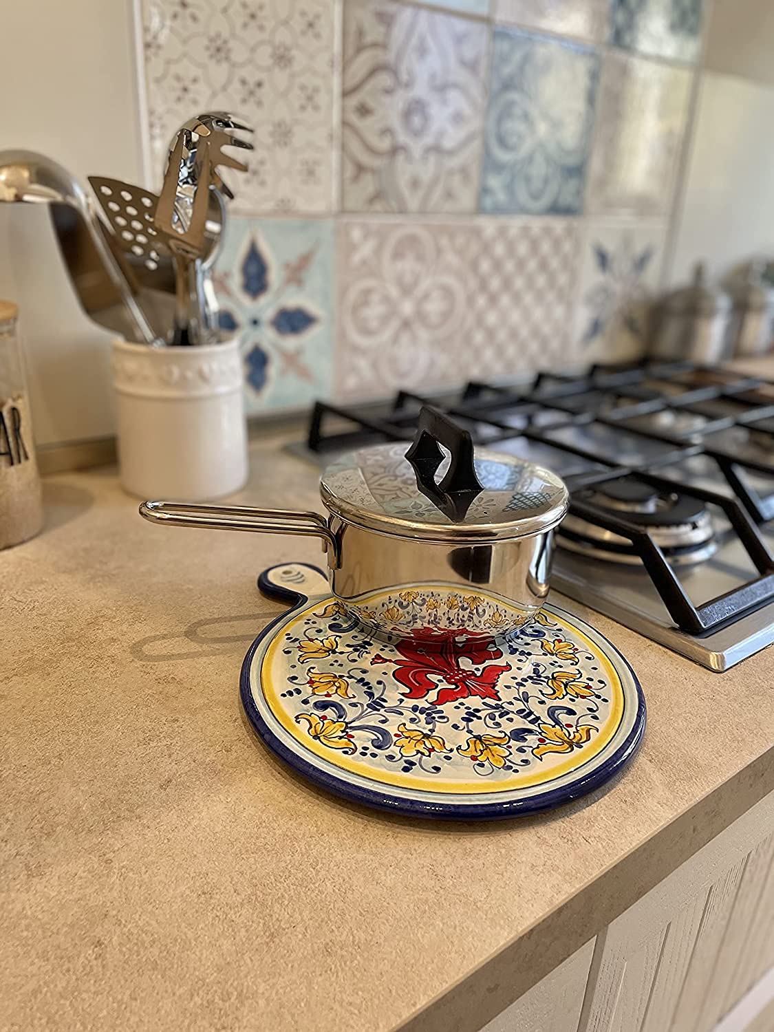 CERAMICHE PARRINI - Italian Ceramic Art Utensil Kitchenware Tile Trivet Pottery Decorated Lily Hand Painted Made in ITALY Tuscan