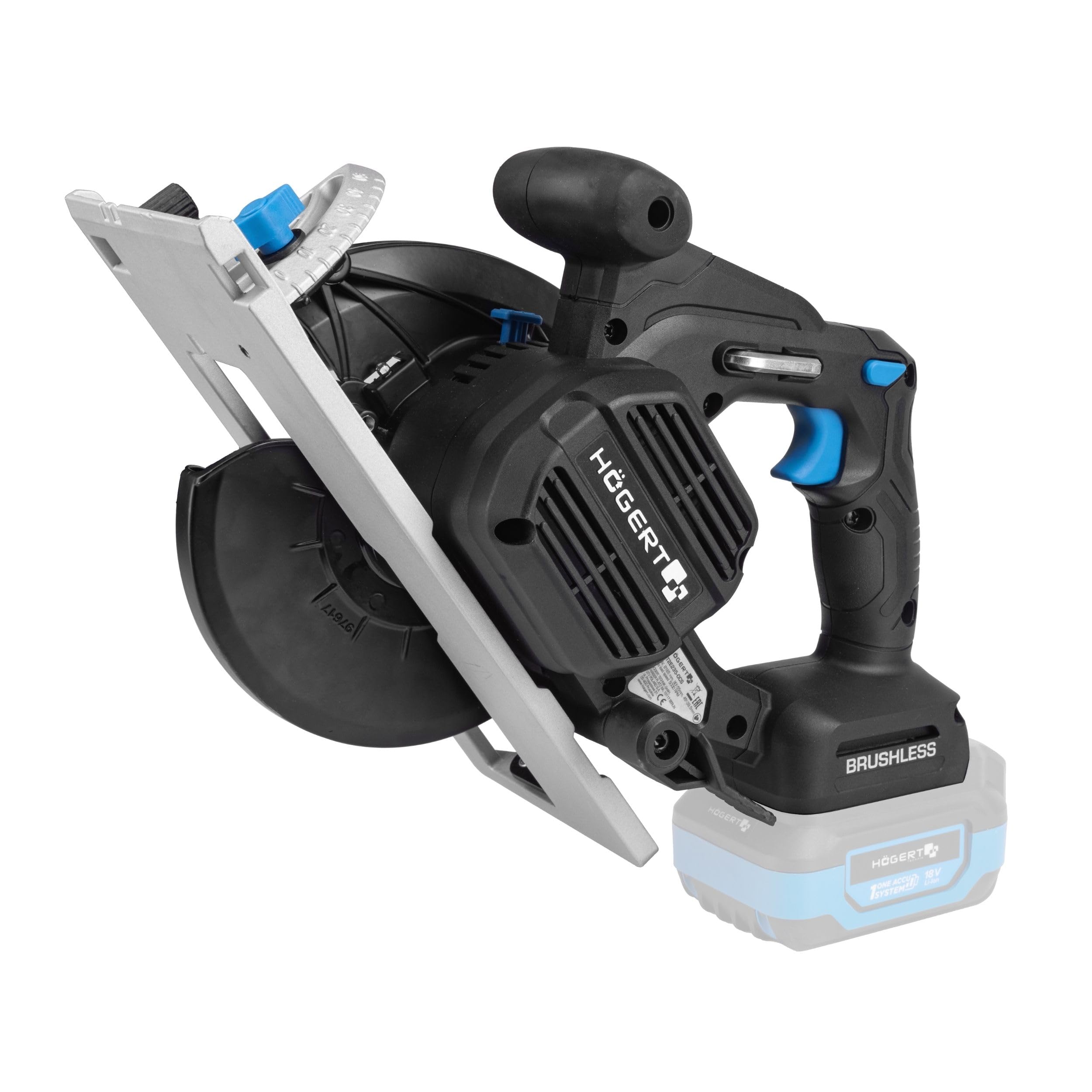 HÖGERT TECHNIK Akku-Handkreissäge 18V OneAccuSystem, bürstenloser Motor, 0-5000 U/min, 165 mm Blattdurchmesser, werkzeuglose Einstellungen, LED, Aluminiumschutz, für Holz, ohne Akku