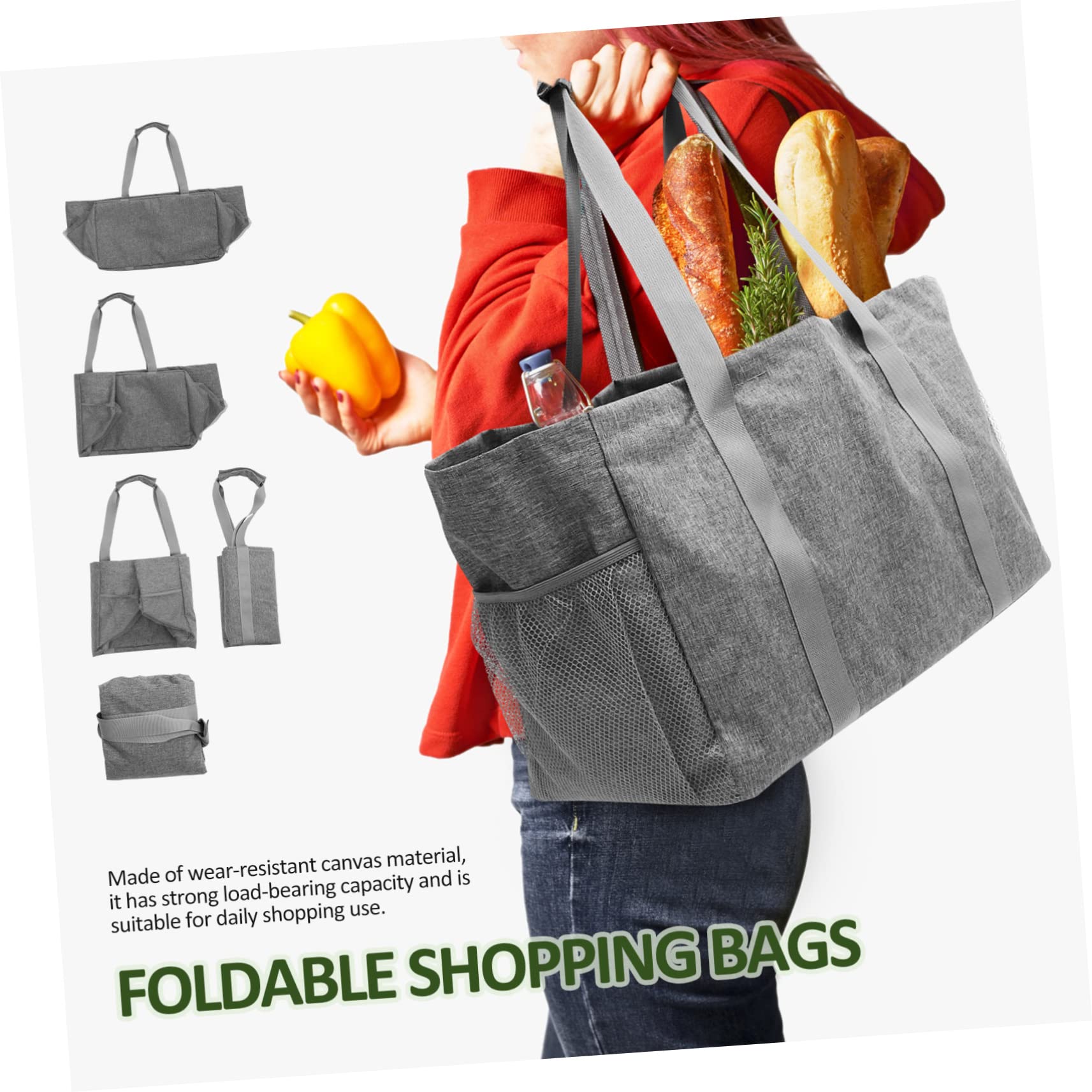 Borsa della Spesa Pieghevole in Cotone Canvas con Rivestimento, Capacità 35l, Doppie Tasche a Rete e Manici Rinforzati, per Spiaggia e Uso Quotidiano