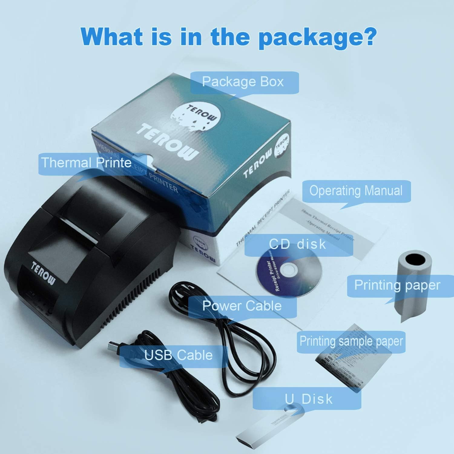 TEROW T5890K Receipt Printer 58mm Thermal POS Printer Portable USB Desktop Barcode Bill Printer 90mm/s High Speed Mini Small Printing Machine Support ESC/POS for Shipping/Business/Restaurant/Kitchen: Electronics