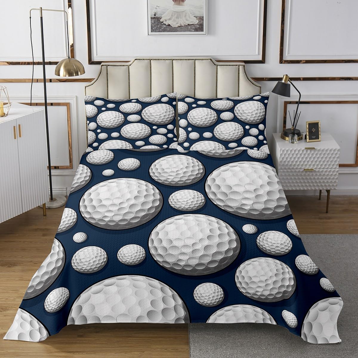 Erosebridal Navy Blue Bedspread Sets Golf Ball Print Quilt Set King Size for Kids Boys Teen Adults Room Decor,Ball Sports Coverlet Sets Golf Lovers Bedding Set