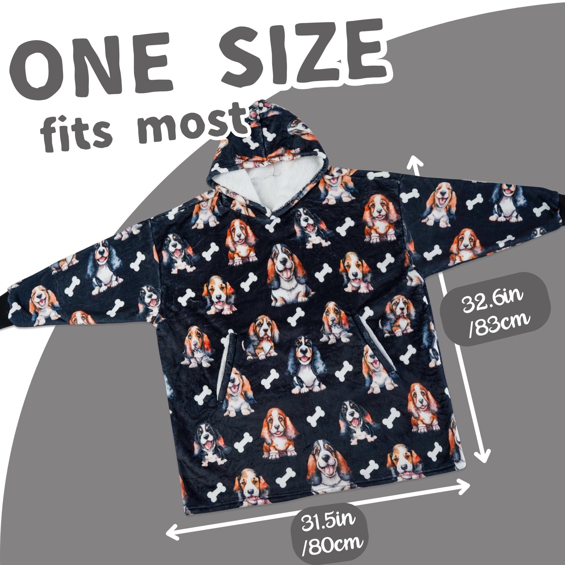 Huglanket Basset Hound Gifts for Women, Wearable Flannel Blanket Hoodies, Super Soft Warm Cozy with Big Pockets - One Size Fits Most