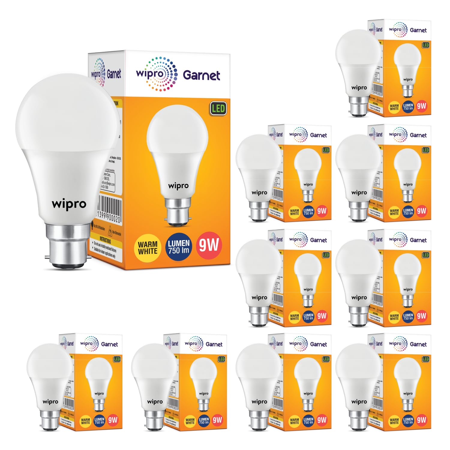 wipro Garnet 9W LED Bulb for Home & Office |Warm White (2700K) | B22 Base|220 degree Light coverage |4Kv Surge Protection |400V High Voltage Protection |Energy Efficient | Pack of 10