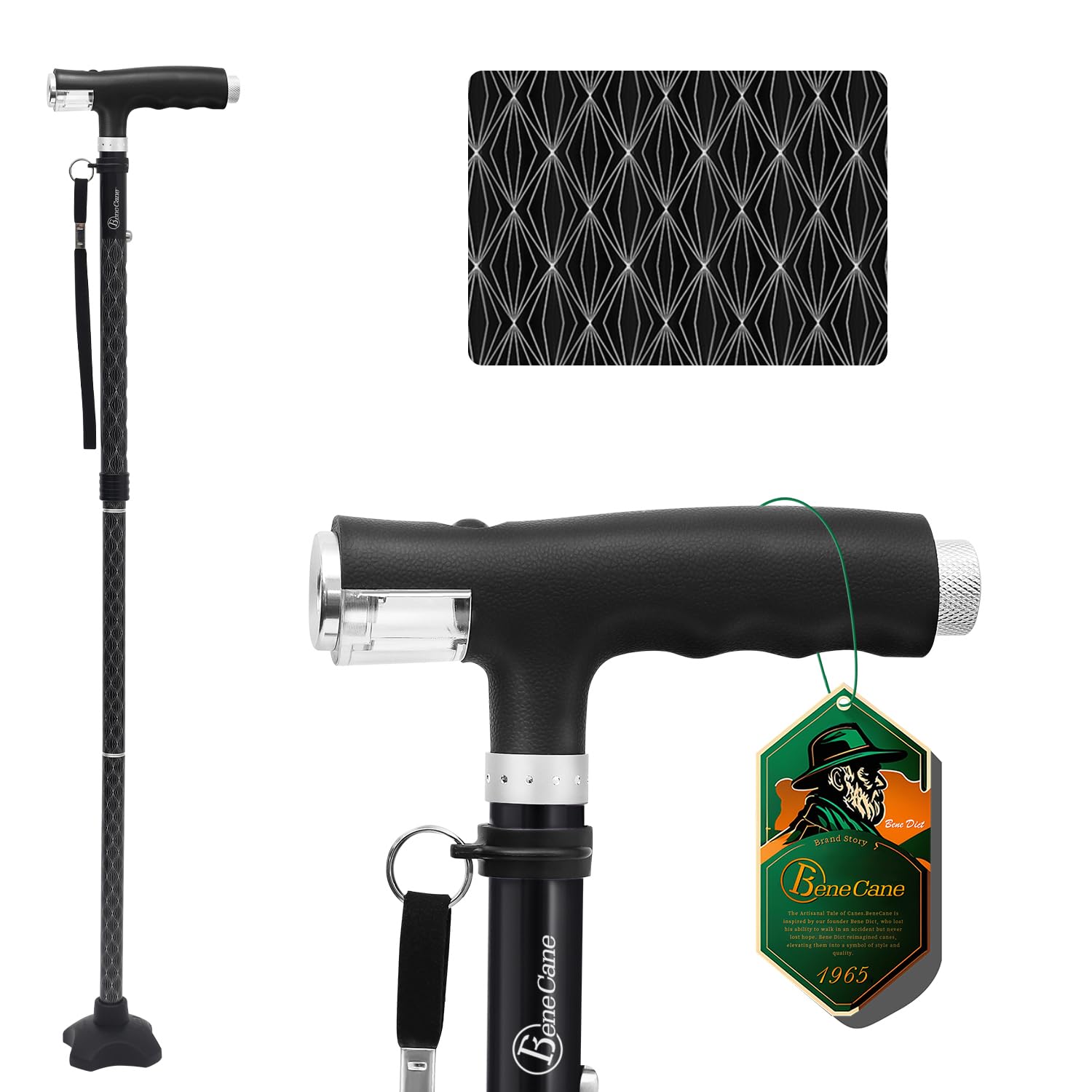 BeneCane Walking Cane for Women Folding Cane for Men with Two Led Lights Quad Cane with Stable Base Lightweight and Adjustable Walking Stick