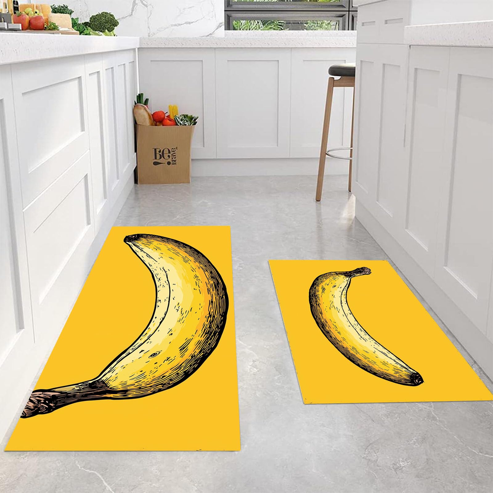 Set di 2 Tappetini da Cucina Antiscivolo Banana Gialla, Set di Tappetini da Cucina Lavabili per Ufficio, Camera da Letto, Corridoio, Sala da Pranzo Giallo 43x75cm+43x150cm