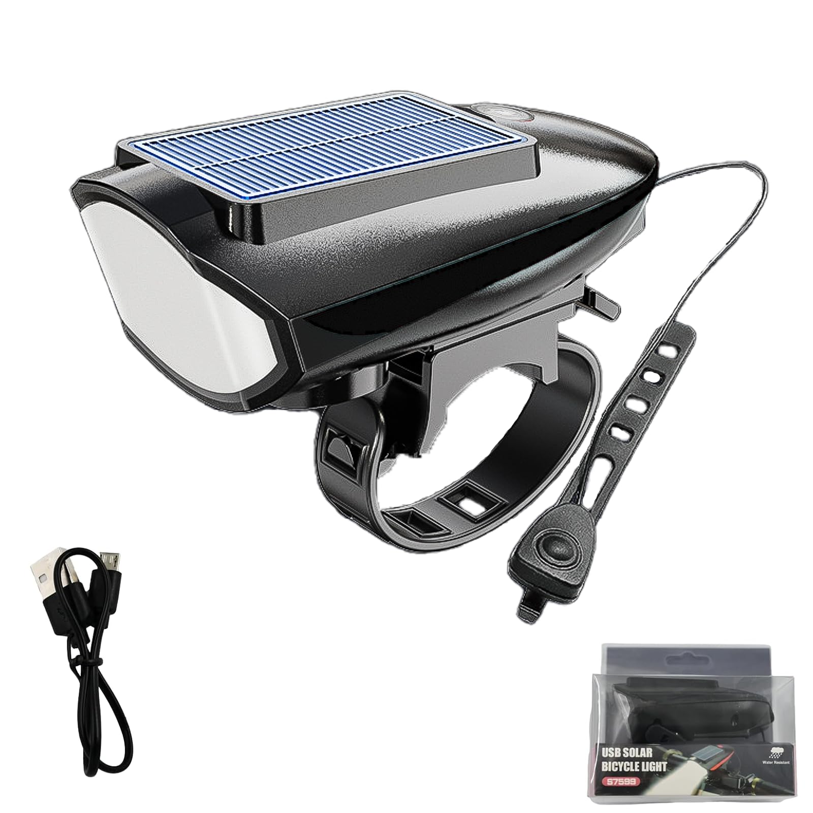 Bike Headlight Solar Powered Led,Bike Front Light,Bike Lights Horn,Black