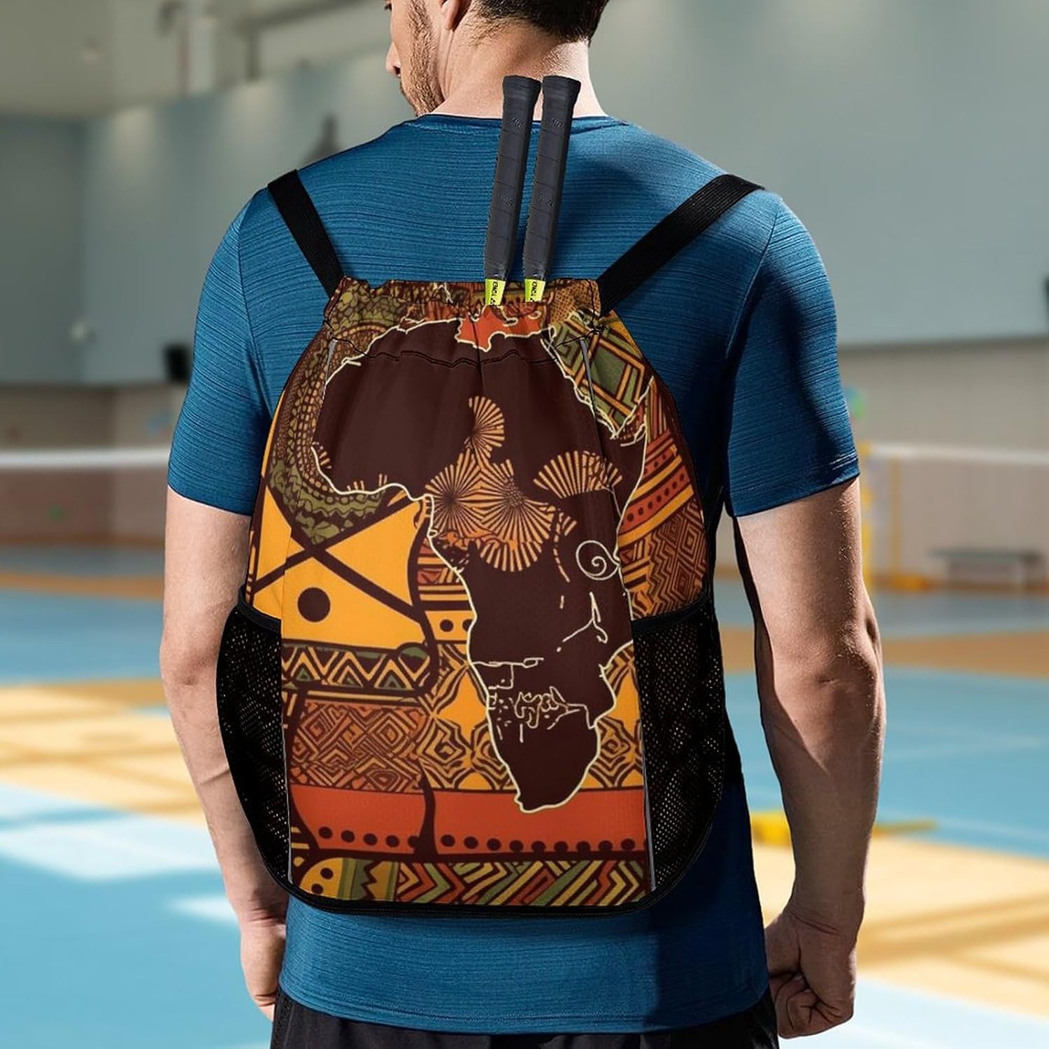 Small Gym Bag African Map Ethnic Pattern Printed Drawstring Gym Bag for Men Lightweight Waterproof Drawstring Backpack for Women with Shoe Compartment for Travel Tourism Work And Fitness