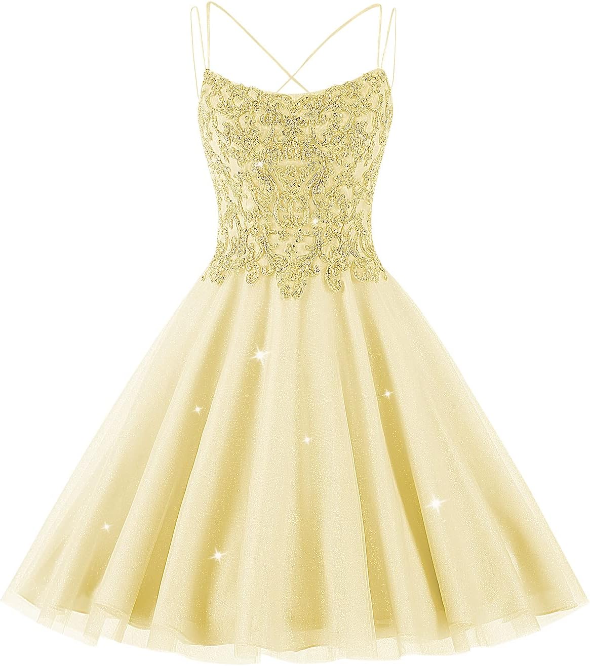 Stylefun Light Yellow Sparkly Lace Beaded Homecoming Dress Short for  Juniors Spaghetti Straps Tulle Prom Dress for