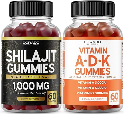 DORADO NUTRITION Gomitas Shilajit para hombres y mujeres (60 unidades) y ADK Gummies Vitamina D3 K2 (60 sin azúcar)