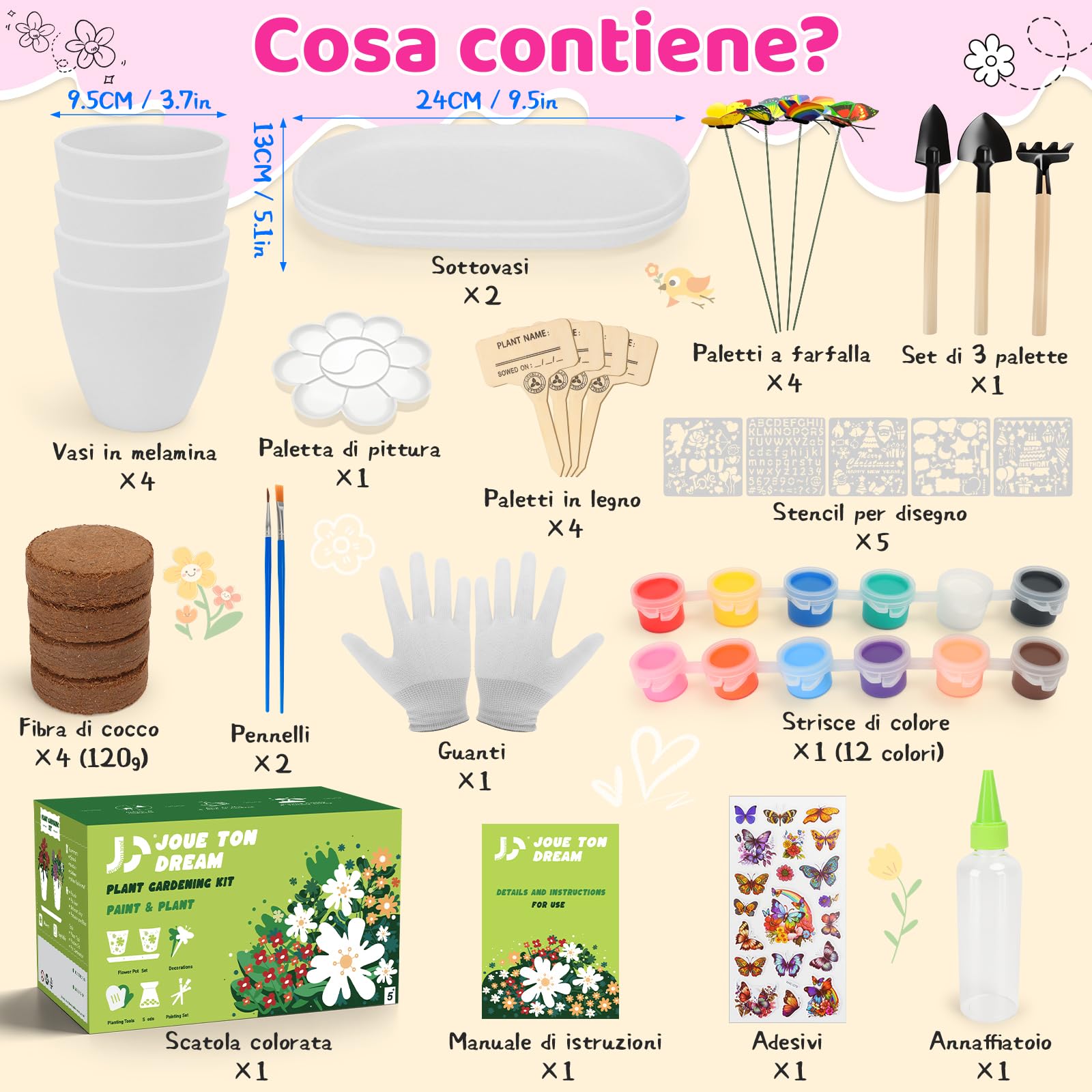 IEEILULU Set Giardinaggio Bambini, Kit Pittura Vasi 35 Pezzi, Colorare Bambini Fai da Te, Set di Artigianato Regalo di Compleanno per Ragazze e Ragazzi 4-14 Anni