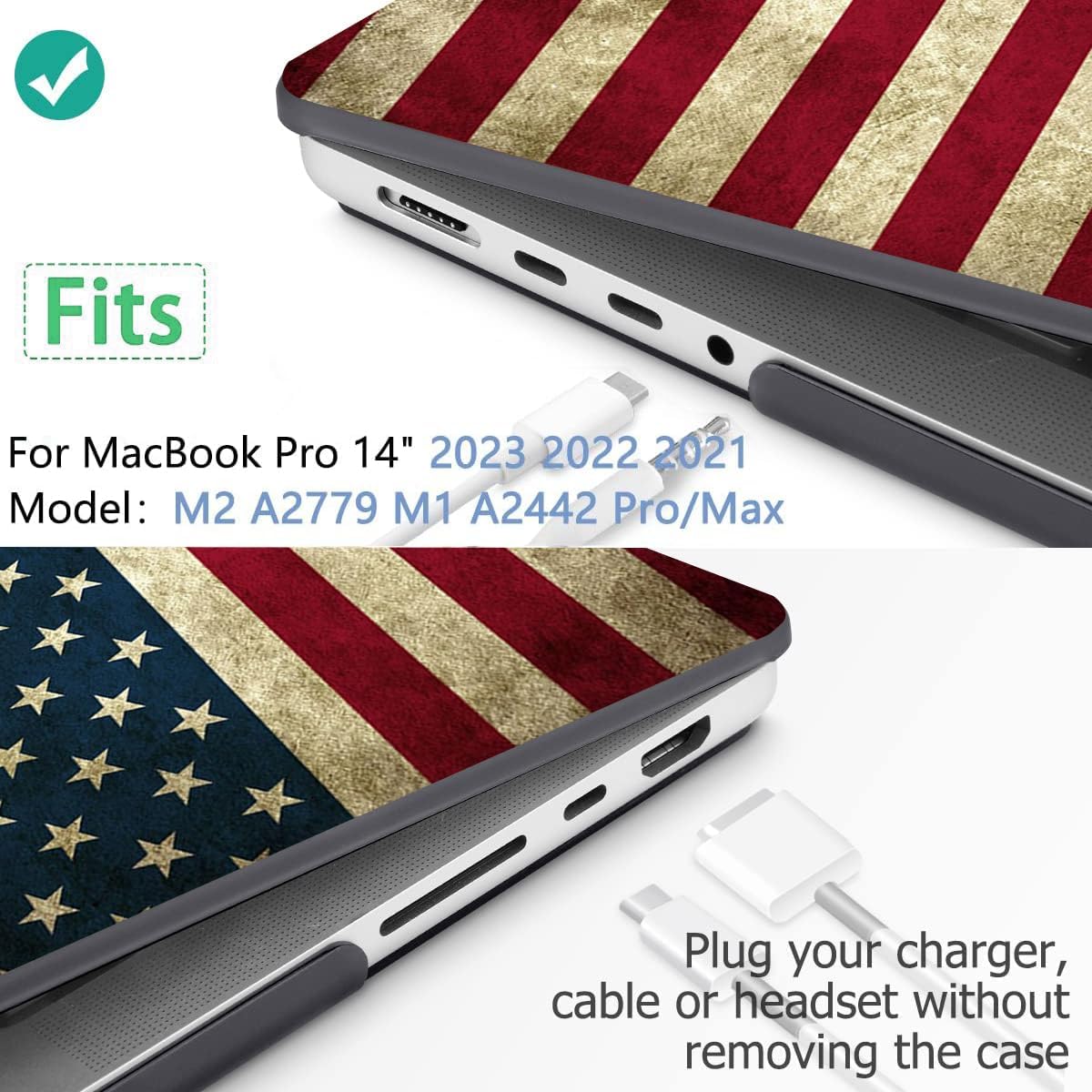 Compatible with MacBook Pro 14 Inch Case 2021-2026 M5 M4 M3 M2 M1 A3427 A3426 A3434 A3185 A3112 A3401 A2992 A2918 A2779 A2442 Hard Shell &Keyboard Cover& OS Keyboard Sticker (American Flag)