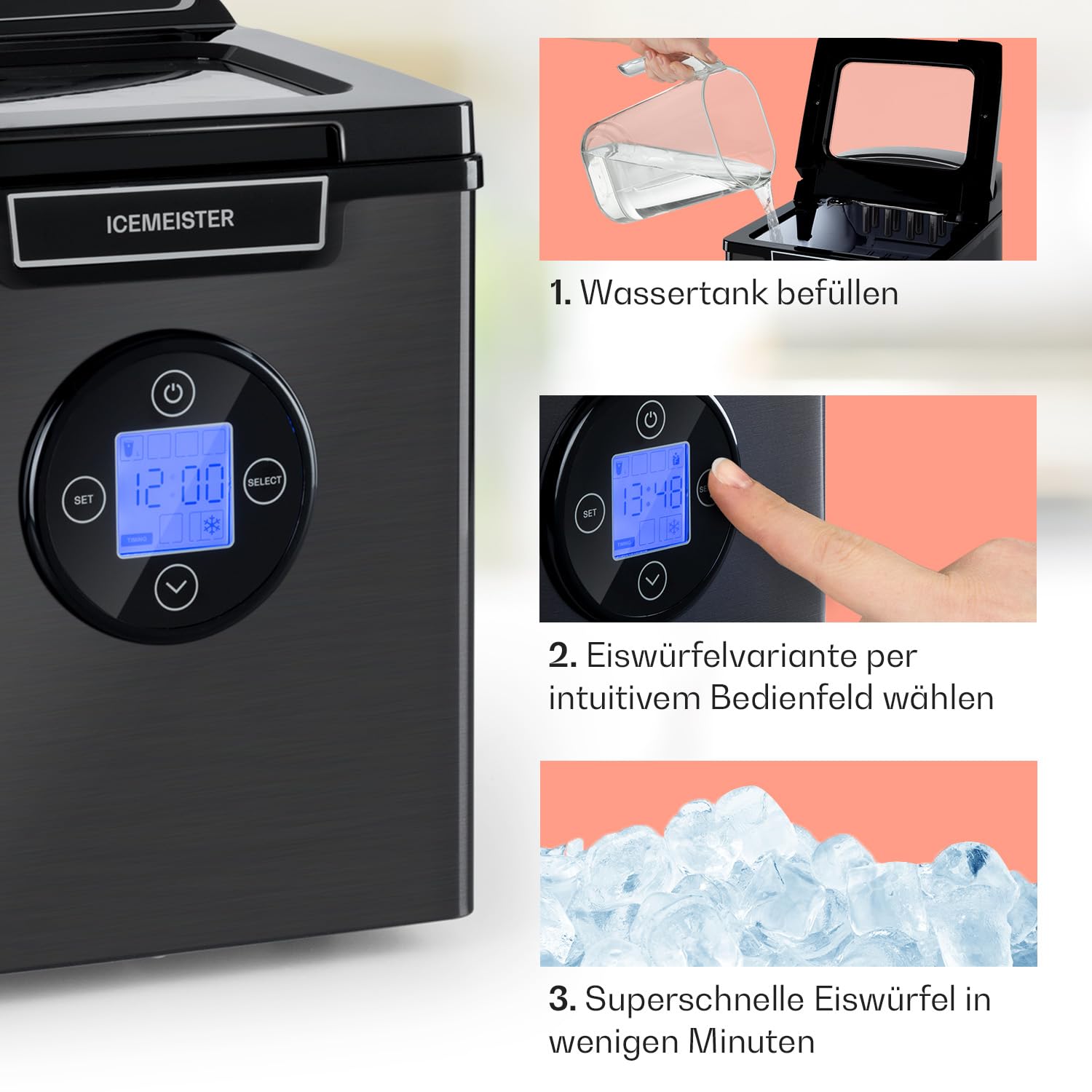 KLARSTEIN Icemeister 2G Eiswürfelmaschine, 12 kg/24 h, Produktion in 6-10 Minuten, 3 Eiswürfelgrößen, 1,8 l Wassertank, LCD-Display, Eiswürfelmaschine, Edelstahl, Dunkelgrau
