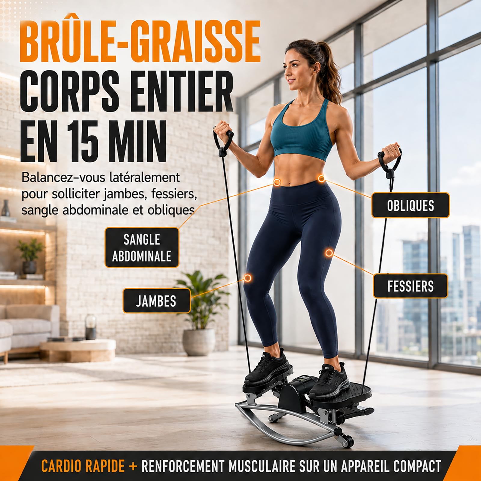 Aparato de fitness Stepper de apartamento con elásticos, Stepper lateral silencioso para entrenamiento cardio y culturismo, sin montaje, 113 kg