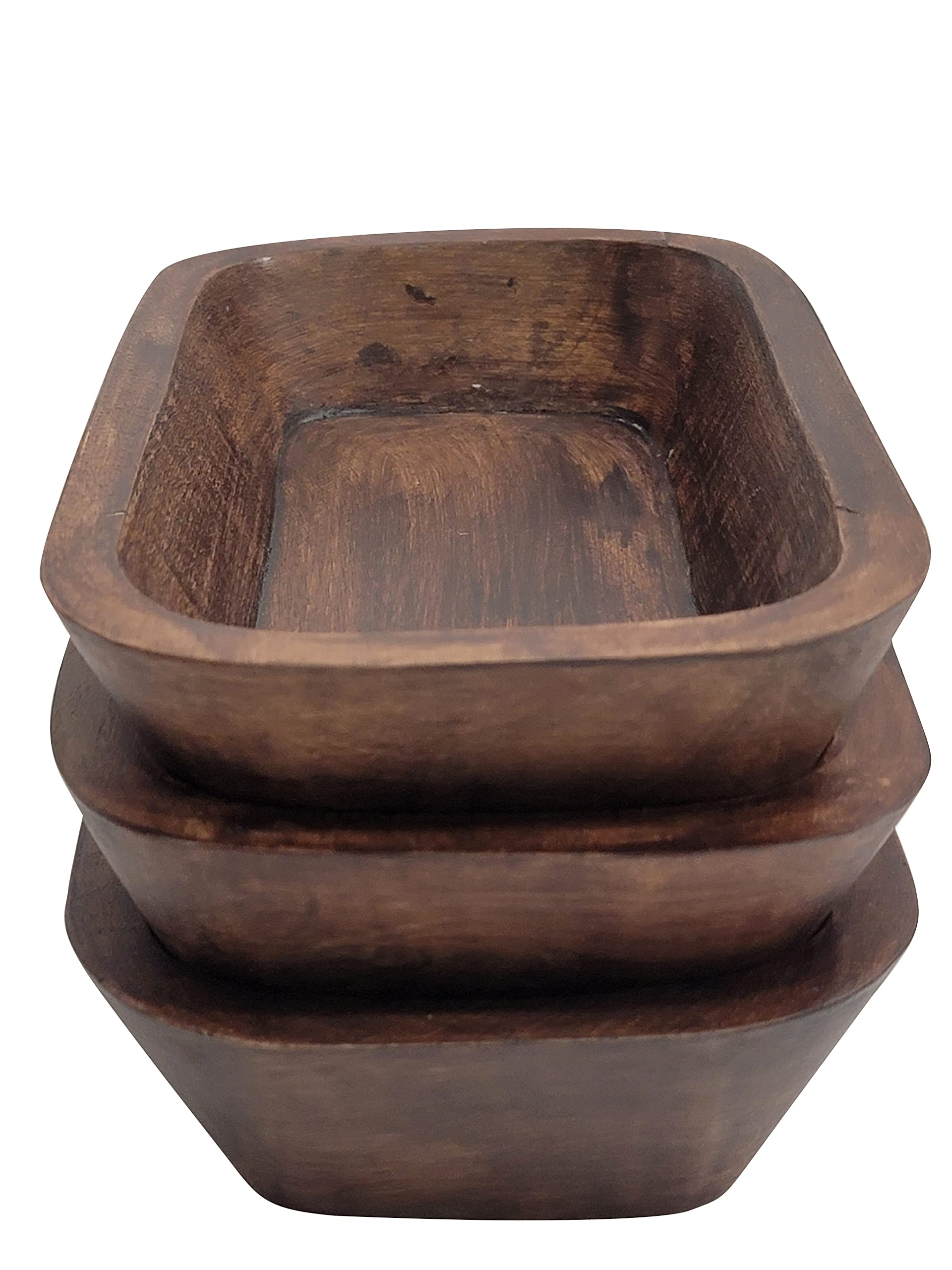 BND+ BNDPLUS 3 Set Walnut Antique Small Wooden Dough Bowl Oblong Hand Carved For Home Decor, Rustic Bowl L9.8 X W5.5 X H1.7 inches