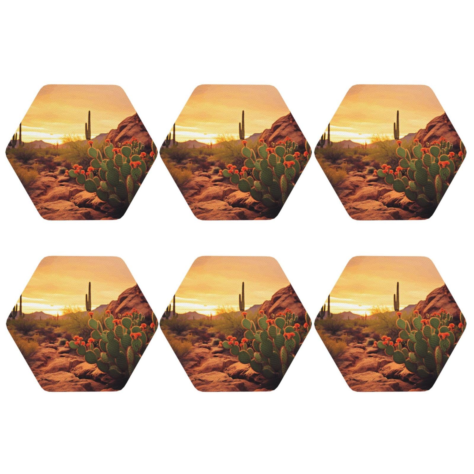6Pcs PU Leather Coaster for Drinks, Cactus at Sunset Poster Cup Coastersr 4" Cup Mat Pad, Aesthetic Drink Coasters for Coffee Table, Hexagon Coaster for Tabletop Protection