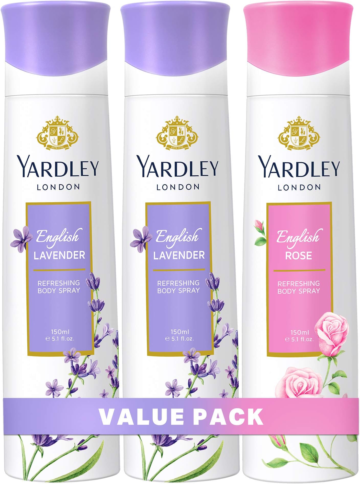 Yardley LondonBody Spray for Women, Floral aromatic freshness, all day long, Value pack 150 ml x 3 (English Lavender, English Rose)