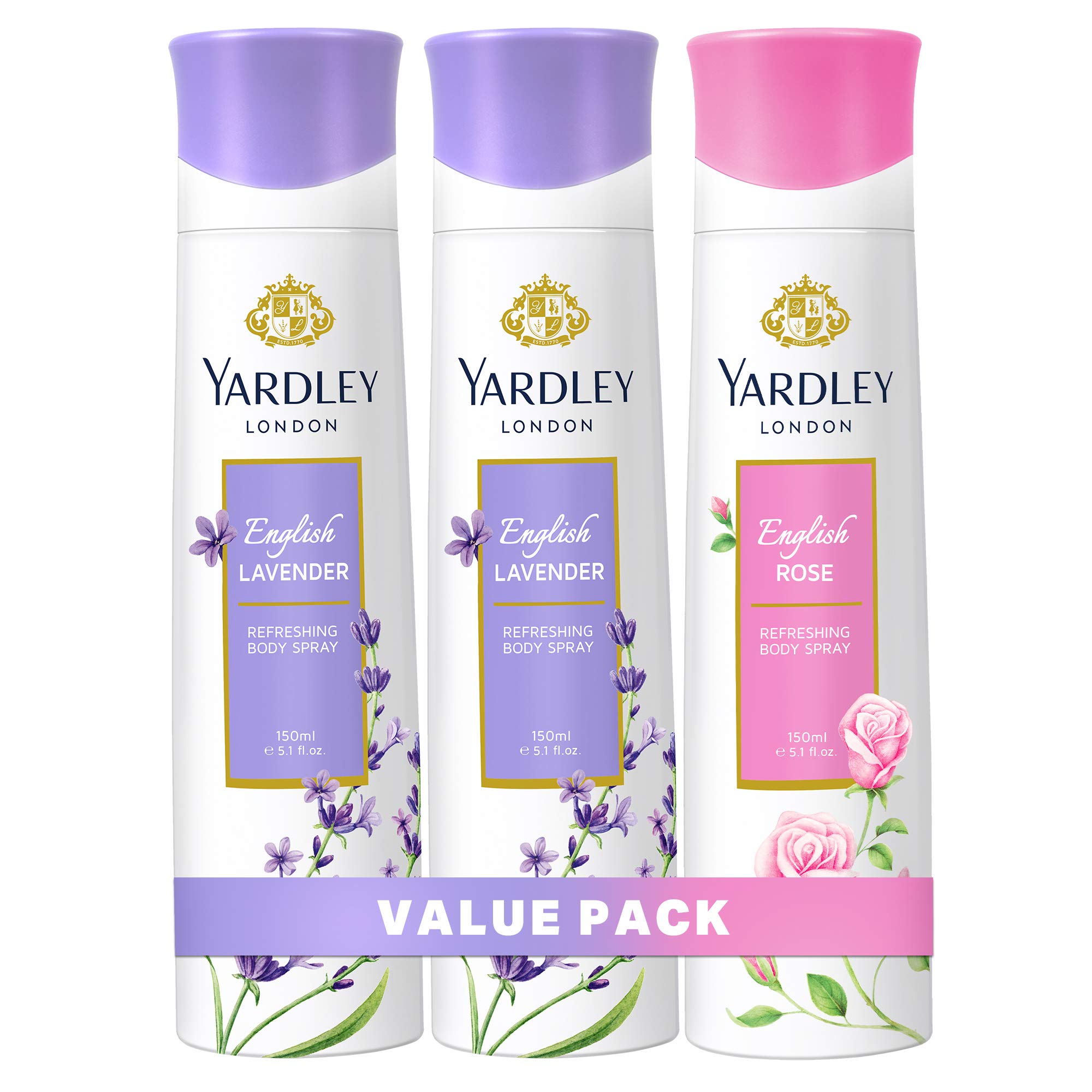 Yardley LondonBody Spray for Women, Floral aromatic freshness, all day long, Value pack 150 ml x 3 (English Lavender, English Rose)