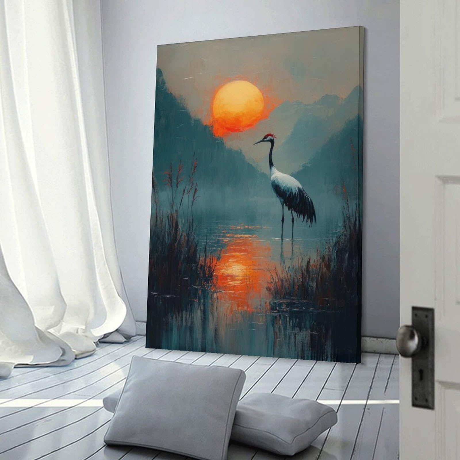 Junmoney Frame-Style-17 Crane Sunset Landscape Wall Picture Print, 24X36inch(60X90cm), For New Homes, Bedrooms Or Workspaces, Thoughtful Wall Decor For Art Lovers