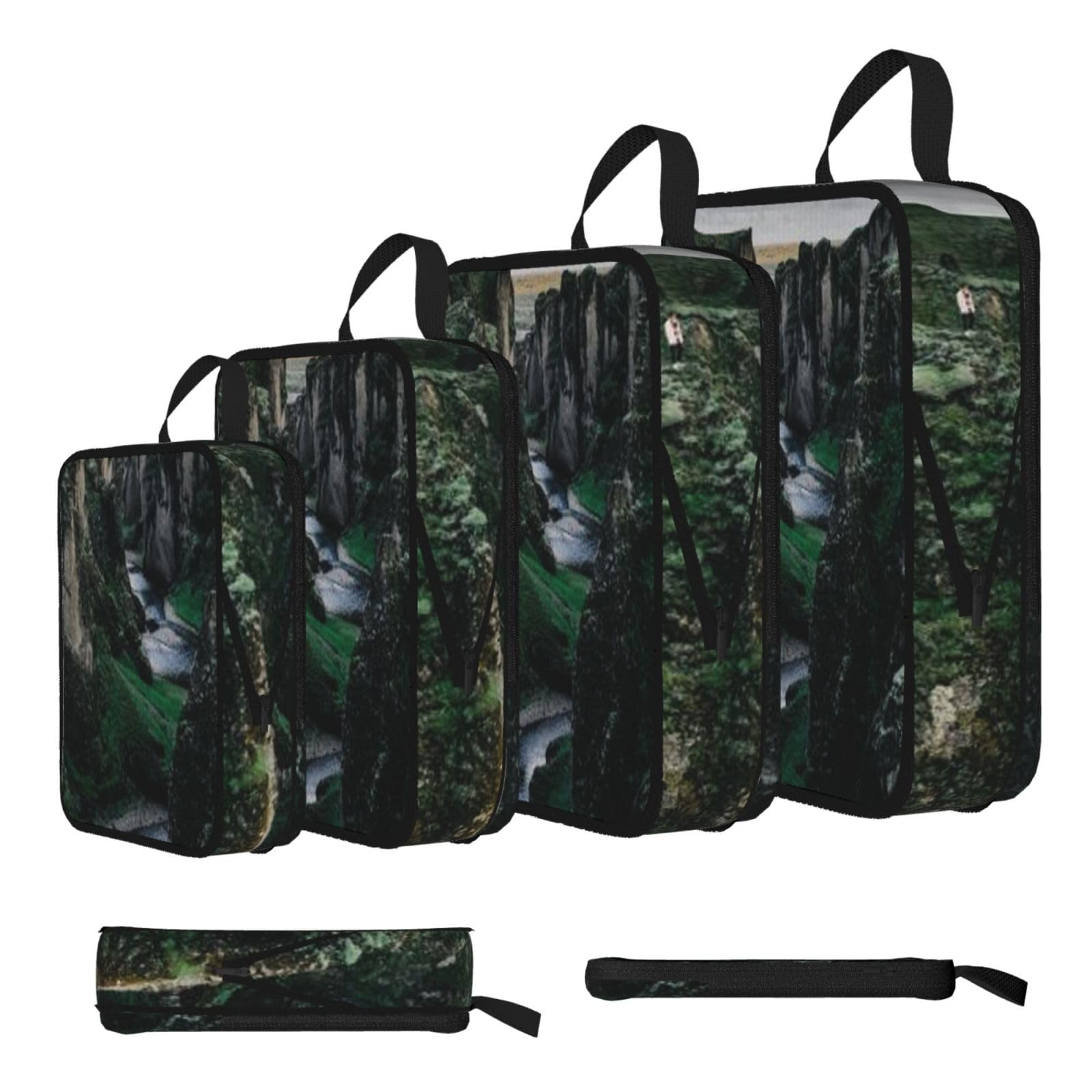 Canyon Cliff Moss Print Compression Packing Cubes 4-Piece Set With Multi- Compartment Travel Bag, Waterproof Suitcase Organiser Bags