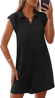 MEROKEETY Women's V-Neck Lapel Collar Summer Mini Dress with Pockets