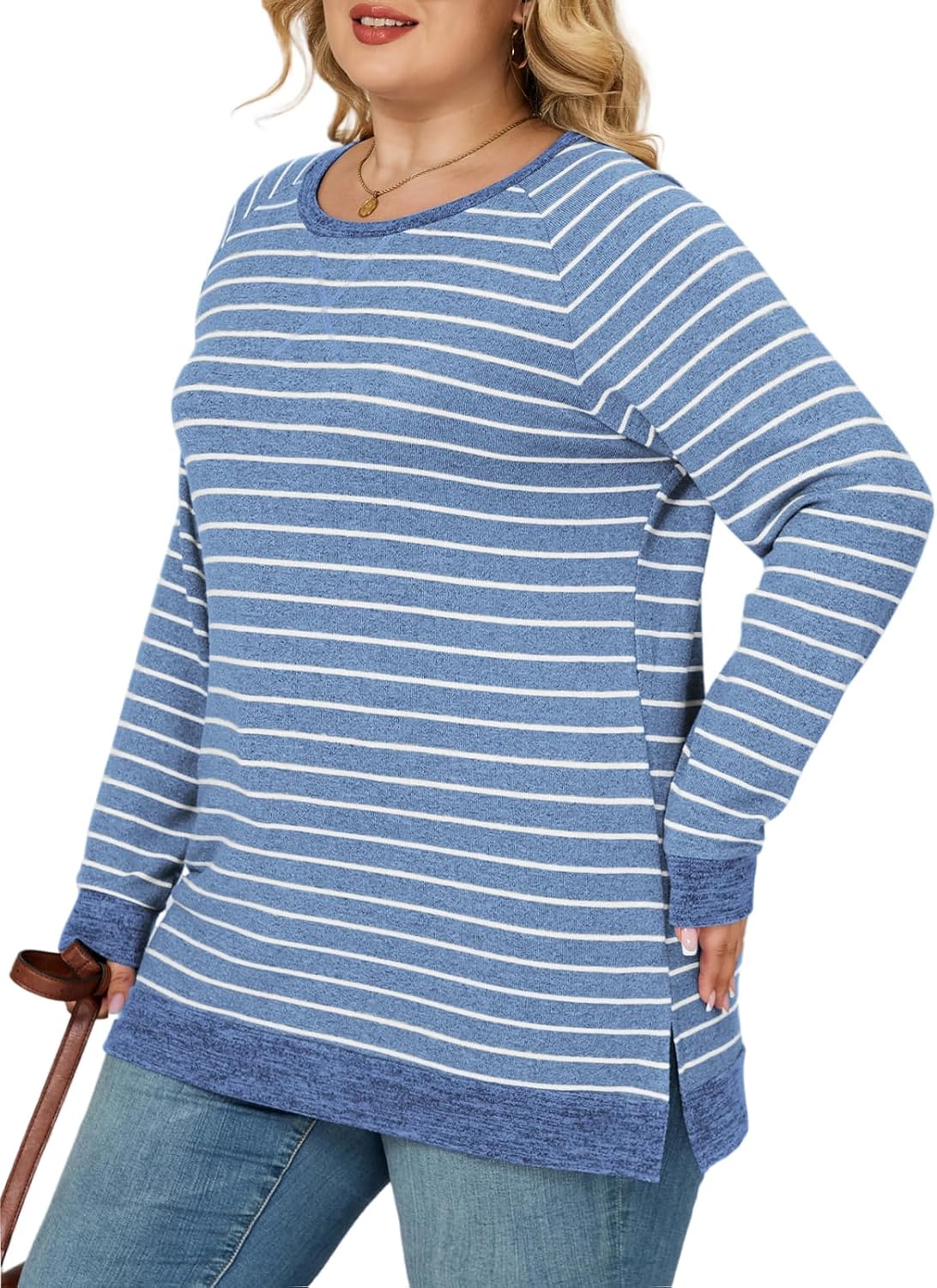 VISLILY Womens-Plus-Size-Sweatshirts Trendy Striped Color Block Tops Casual Raglan Long Sleeve Shirts Side Split Hem Tunics - Image 3
