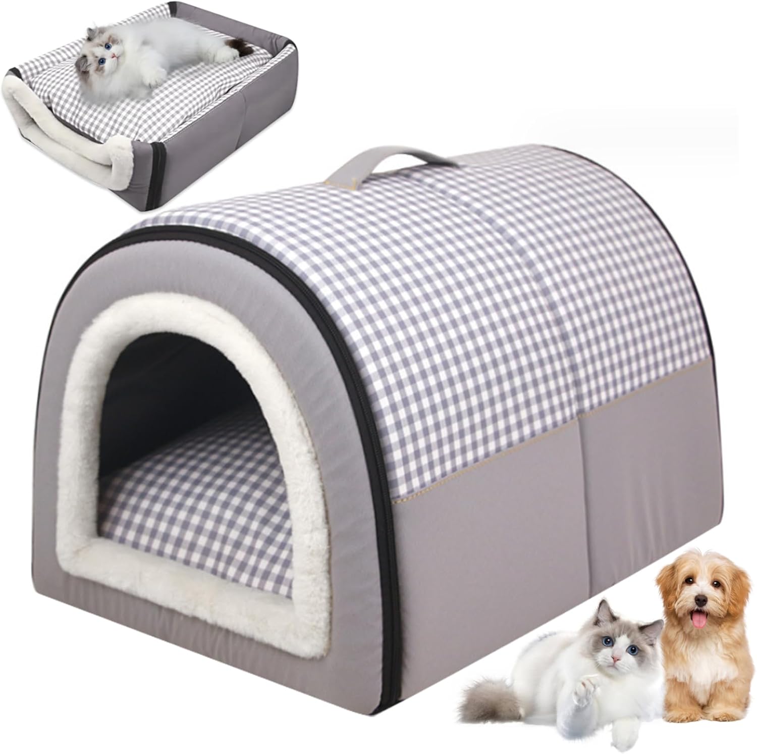 Dog House Indoor 2 in 1 Foldable Cat Beds with Removable Cushion Non-Slip Dog Bed House Waterproof Warm Cat Cave Washable Covered Dog Bed, Dog Bed, Gray