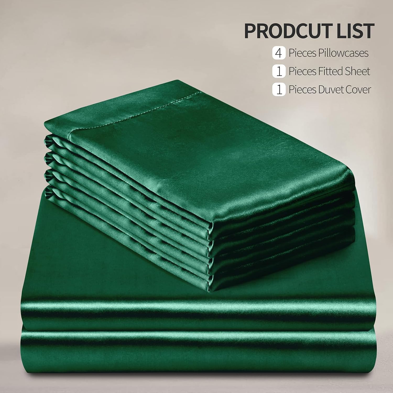 Manyshofu 6Pcs Dark Green Duvet Cover Silky Queen Satin Duvet Cover Fitted Sheet - Not Comforter, Cooling & Luxury Satin Comforter Cover Set - 1 Satin Duvet Covers, 1 Satin Fitted Sheet, 4 Pillowcases