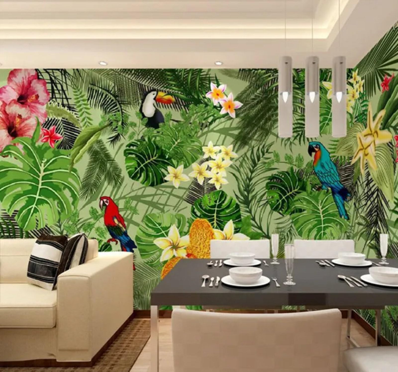 Wallpaper-3D-Xlm 400Cm×280Cm(B×H) Fresh Green Jungle Flowers Parrots 3D Wallpaper Easy Install Feature Office Living Room Sofa Bedroom Tv Background Wall Decoration-400Cm×280Cm