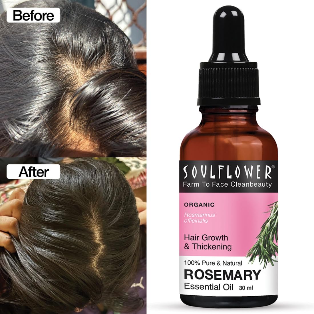 Soulflower Rosemary Essential Oil for Hair Growth, Hair Fall Control, Nourishment & Strengthening, Skin Care| Clinically Tested and Ecocert Certified Organic 100% Pure & Natural Undiluted, 30ml 2