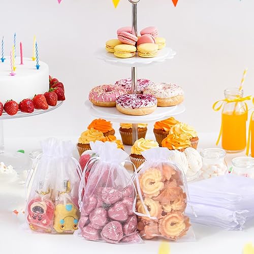 Miniatura 5 de ENNIYU 100 bolsas de organza transparente de alta calidad, bolsas blancas de recuerdo de boda con cordón, bolsas de regalo de joyería de 4 x 6