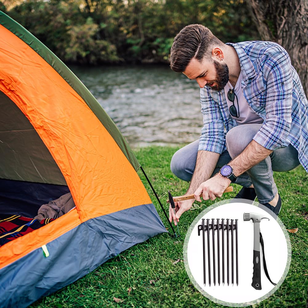 Piquetas y martillo de acero resistente para tienda de campaña al aire libre, camping, senderismo, incluye 8 1 fundas protectoras resistentes, círculos fluorescentes, bolsa de almacenamiento compacta