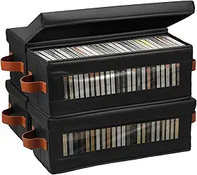 Pacote com 4 caixas de armazenamento de DVD com janela visível, comporta 104 CDs 40 x 14,5 x 15,5 cm, suporte à prova de poeira com tampa e alça para DVDs, CDs, livros de videogame