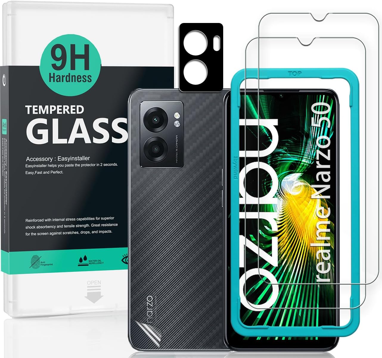 Ibywind Screen Protector for realme Narzo 50 5G(6.6") 2 Pack+1 Pack Camera Len Protector+1 Back Film,9H Tempered Glass,HD Clear,Scratch Resistant,Bubble Free,Easy Install,Fingerprint Compatible