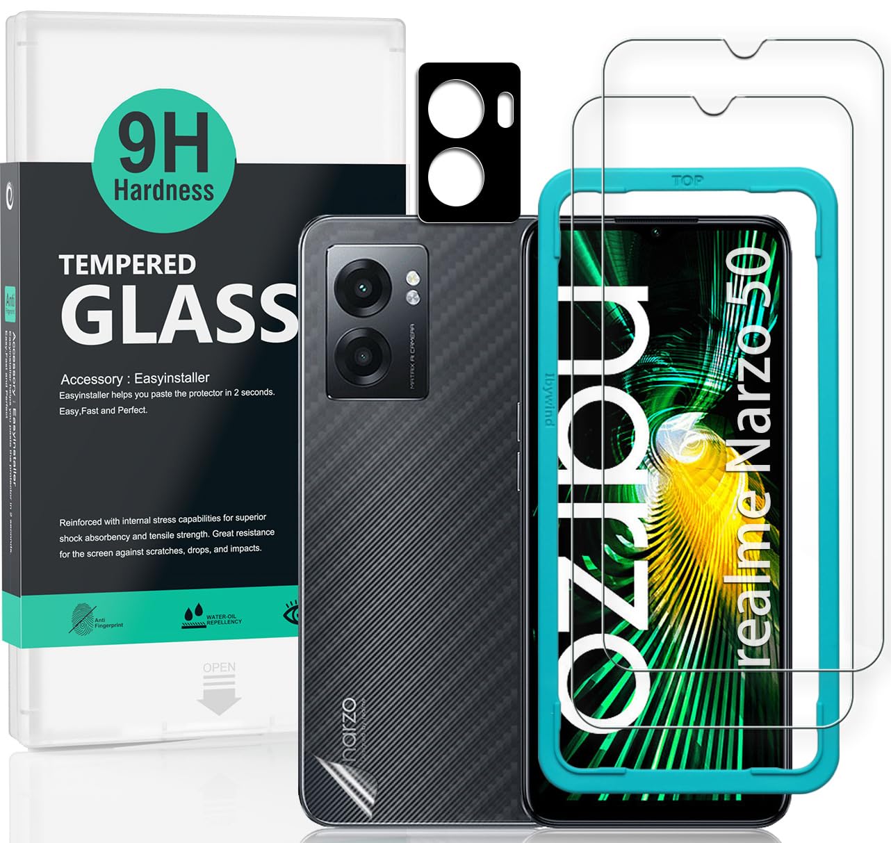 Ibywind Screen Protector for realme Narzo 50 5G(6.6") 2 Pack+1 Pack Camera Len Protector+1 Back Film,9H Tempered Glass,HD Clear,Scratch Resistant,Bubble Free,Easy Install,Fingerprint Compatible