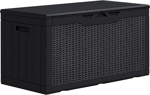 GUNJI 100 Gallon Resin Deck Box,Outdoor Large Storage Box,Weatherproof and UV Resistant,Lockable Storage Container for Patio Furniture,Garden Tools,Pool Supplies (Black)