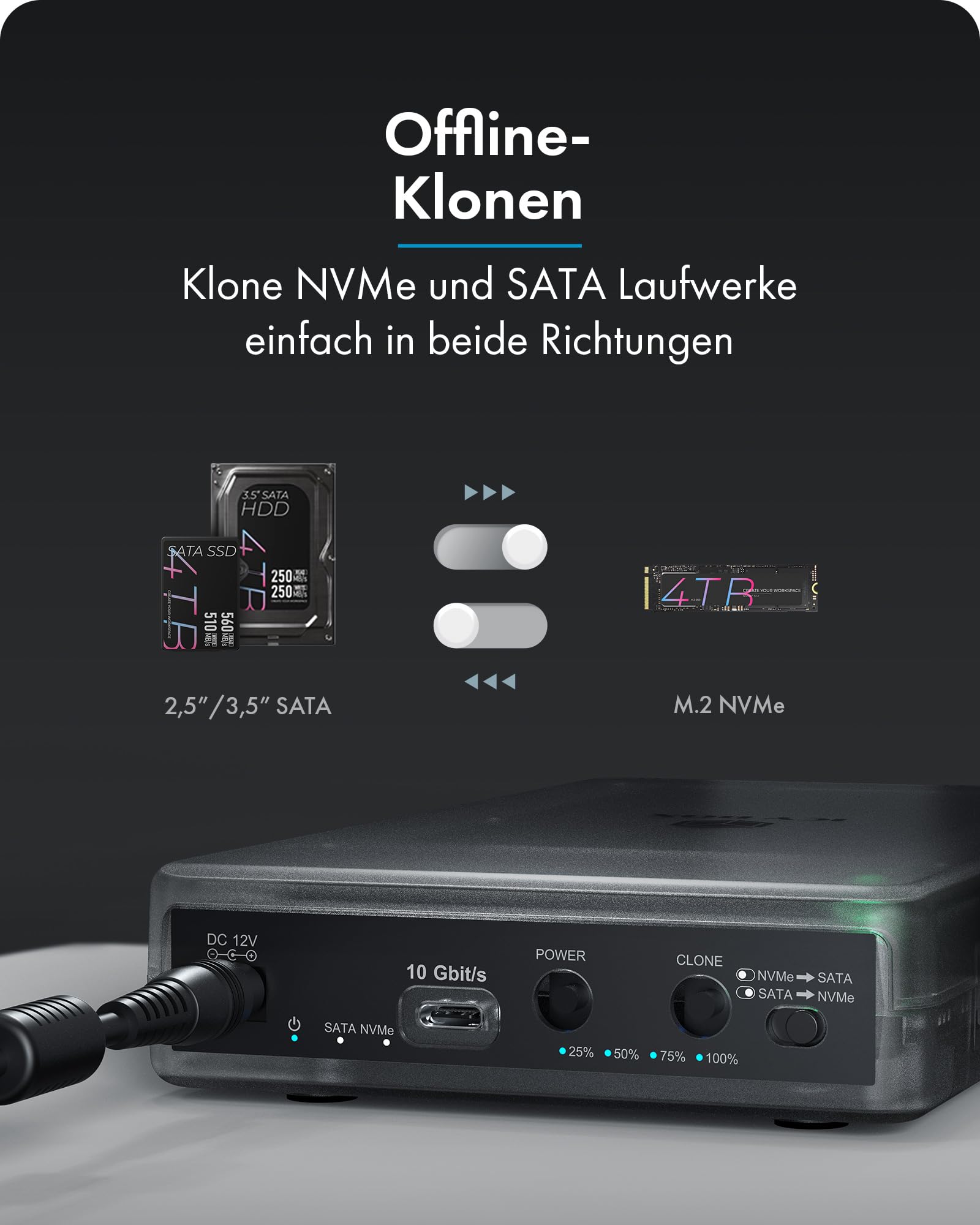 ICY BOX Spade Clone 3882 Klon- & Docking Station für M.2 NVMe SSD sowie 2,5"/3,5" SATA HDD/SSD, USB-C Festplatten Docking Station mit USB 3.2 Gen 2 (10 Gbps), Offline Klonen, HotSwap, IB-3882MSCL-CU31
