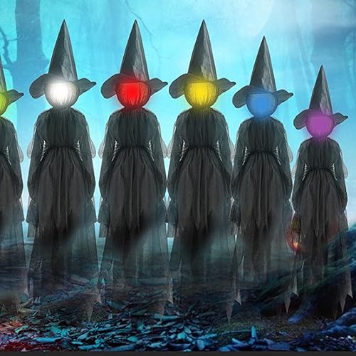 Miniatura 4 de Decoraciones de Halloween al aire libre  Juego de 3 brujas iluminadas tomadas de la mano gritando con estacas, decoración aterradora de tamaño real,