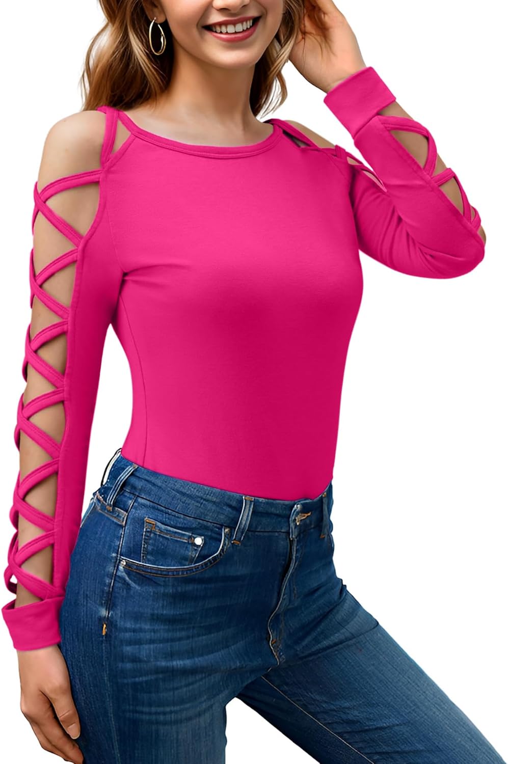 Women's Sexy Criss-Cross Long Sleeve Blouse Cut Out Cold Shoulder Tops Hollow Out Dressy Casual Basic Shirts - Image 2