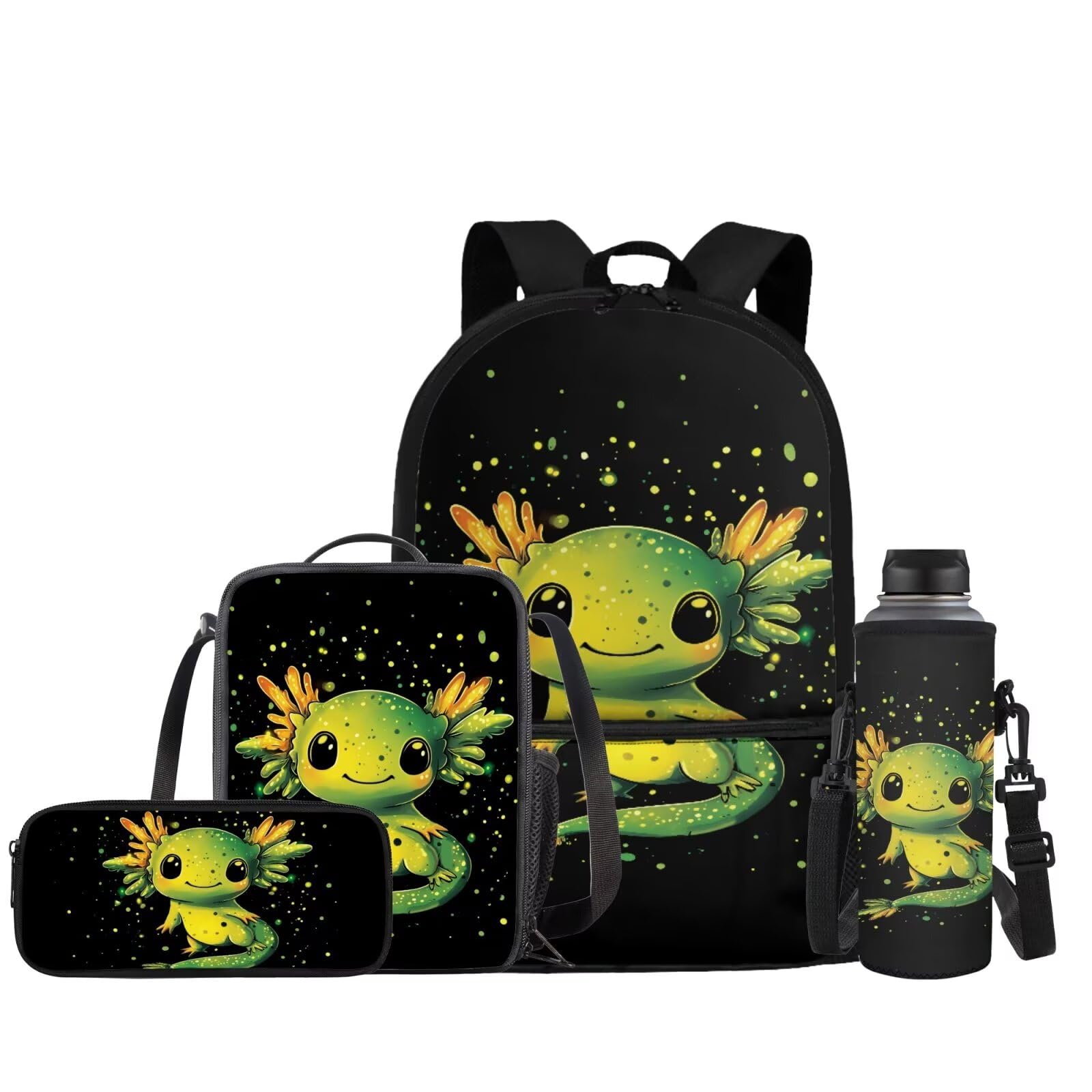JEOCODY Girls School Bag Cute Axolotl Backpack with Lunchbox Pencil Case and Water Bottle Holder Set of 4 School Daypack for Travel Hiking Back to