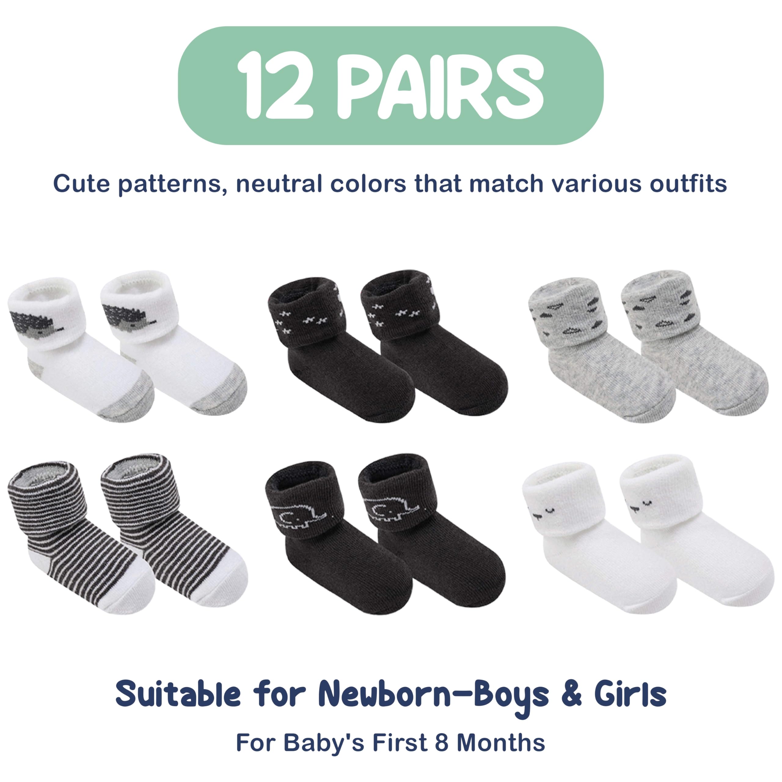 Mother's Choice Calcetines para bebé de 0 a 6 meses, 12 pares, calcetines de algodón orgánico, unisex, suaves e hipoalergénicos para recién nacidos