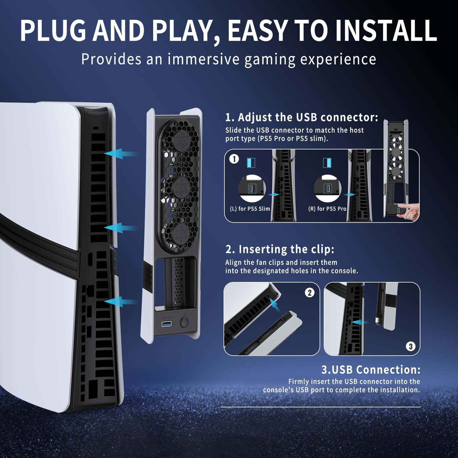 Ventilateur de refroidissement pour PS5 Pro/PS5 Slim, Refroidissement haute vitesse avec contrôle automatique de la température, faible bruit, éclairage RVB et port USB 3.0 pour les